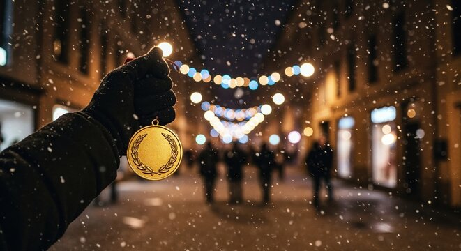 A gloved hand proudly displays a gleaming golden medal with a laurel wreath design amidst softly falling snow on a festive, warmly lit city street at night.