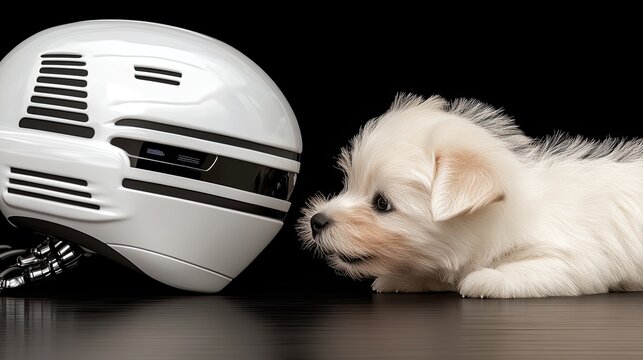 A sleek robot gently pets a small black puppy in a sunlit modern home, showcasing a harmonious bond between technology and companionship