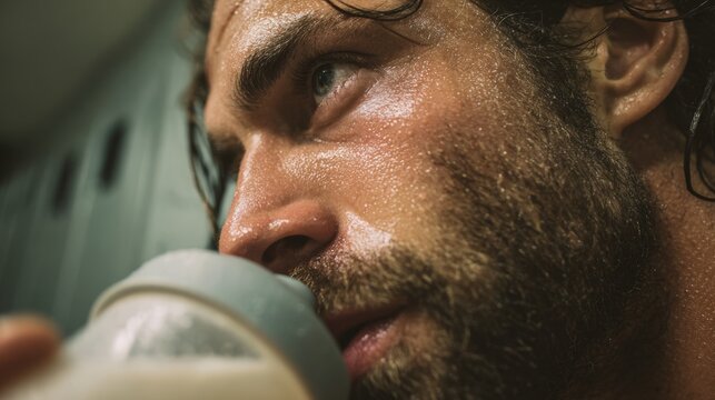 Close-up of Muscular Man Drinking Protein Shake in Gym Locker Room