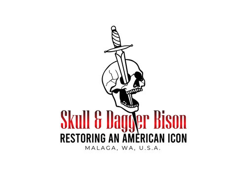 Skull and Dagger: A striking illustration of a skull pierced by a dagger, a bold statement. The text Skull & Dagger Bison: Restoring an American Icon. suggests themes of strength, heritage.