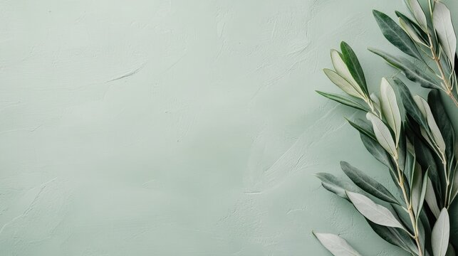 Minimalist green background featuring olive branches on the right, perfect for elegant invitations or announcements in modern design