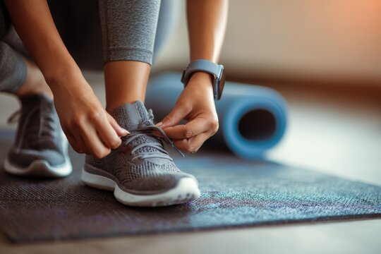 Close-Up of Hands Tying Shoes on Mat with Fitness Tracker for Indoor Training