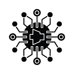 Microchip Network Black and White Icon of a Central Audio Speaker with Surrounding Data Nodes
