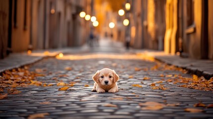 A cute golden doodle puppy stands on its hind legs in the street, showcasing its fluffy ears and soft fur while having fun