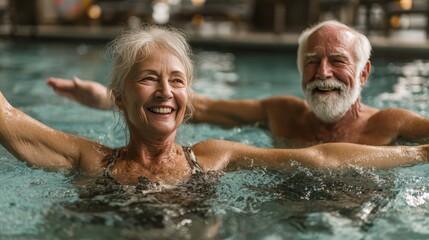Joyful Elderly Couple Enjoying Aqua Stretching in Wellness Center Pool