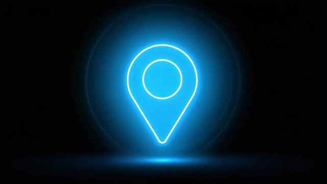 Blue neon location pin icon on a dark background lighting motion animated video