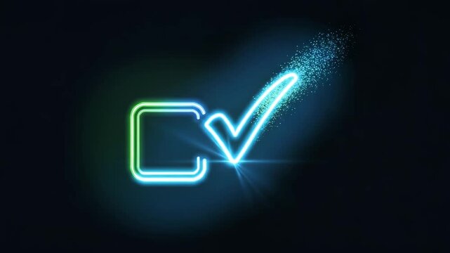 Glowing neon checkmark and checkbox in a dark background lighting motion animated video