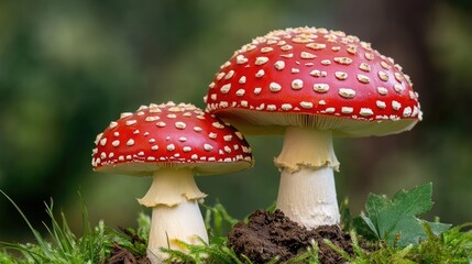 Two vibrant red and white mushrooms rise from the grass, nestled among colorful autumn leaves under a forest canopy