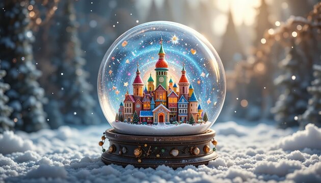 Magical snow globe with colorful fairy tale castle inside on a snowy surface with bokeh lights in the winter forest background. - Powered by Adobe