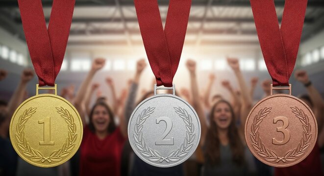 Gold, silver, and bronze medals with laurel wreaths and numbers one, two, and three hang prominently against a blurred, cheering crowd celebrating victory.