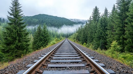 Fototapeta premium Fog envelops the old railroad track, creating a serene atmosphere as it leads through the dense forest under soft morning light