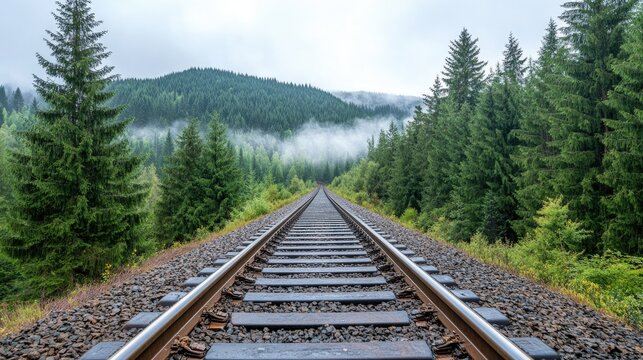 Fog envelops the old railroad track, creating a serene atmosphere as it leads through the dense forest under soft morning light