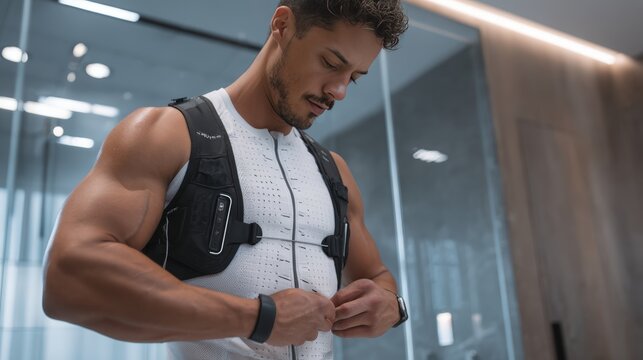 Man Adjusting Smart Fitness Vest with Biometric Sensors in Modern Gym - Powered by Adobe