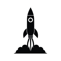 Flat design rocket ship graphic launching into the sky. This simple black silhouette icon represents a business startup, fast growth, and successful innovation
