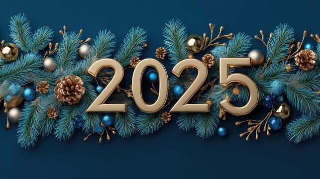 Golden number 2025 stands out on a blue backdrop, adorned with festive decorations and illuminated pine branches creating a celebratory ambiance