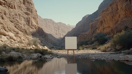 A white, empty canvas on an easel floats on calm water, surrounded by stunning high desert mountains under a bright blue sky