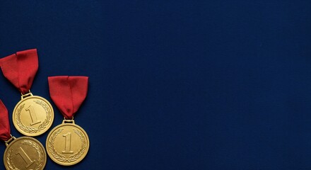 Three gleaming gold first-place medals, each adorned with a bright red ribbon, are strategically positioned on a rich dark blue surface, providing generous empty space.