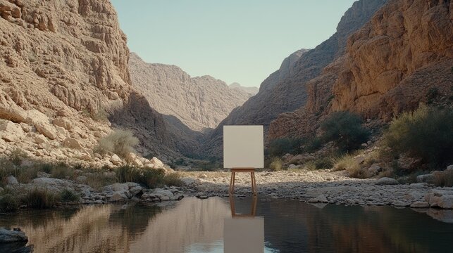 A white, empty canvas on an easel floats on calm water, surrounded by stunning high desert mountains under a bright blue sky