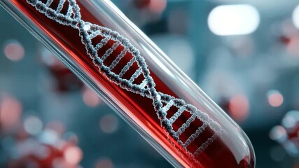 Red Blood Sample In Test Tube With Floating DNA Helix And Molecular Particles