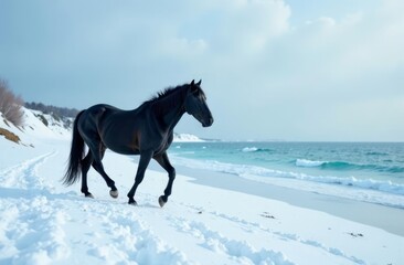a black horse on a snowy shore