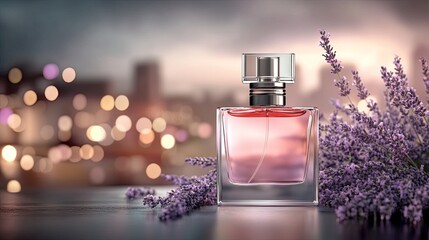 A perfume bottle sits gracefully amidst lavender blooms, illuminated by gentle purple light against a dark backdrop, highlighting detail