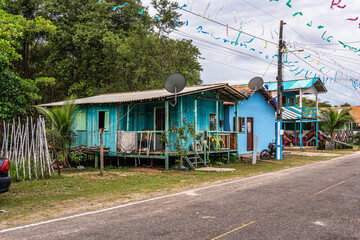 Colorful natural-framed houses with balconies at Pesqueiro, Soure in Marajo Island, Brazil.