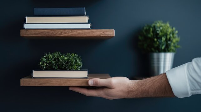 Natural light illuminates a modern office featuring a wooden desk and elegant accents against dark walls, enhancing comfort and style