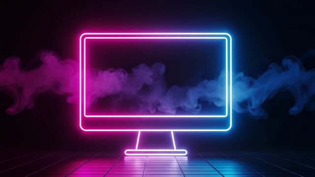 Neon monitor outline with colorful smoke on a dark background lighting motion animated video