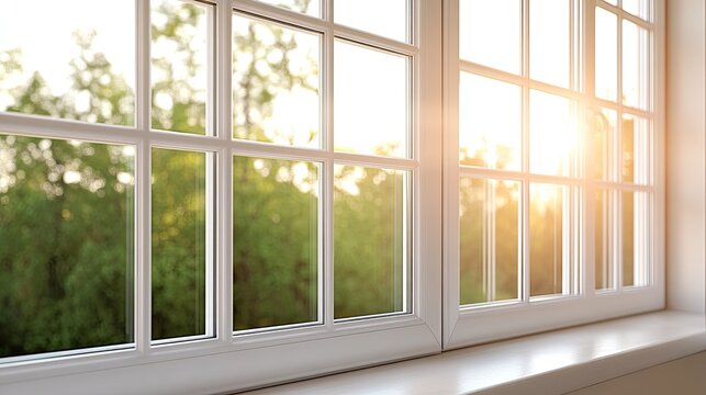 Close-up of a white bay window revealing reflections and soft light while featuring clean lines and a blurred backdrop of trees outside
