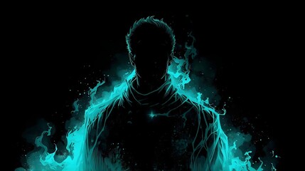 A powerful and enigmatic illustration of a male figure's upper body, rendered in a high-contrast style against an absolute black background.