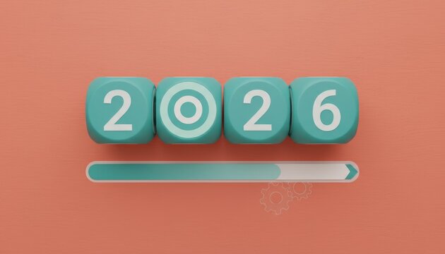 Cyan colored blocks forming the number 2026, with a target symbol replacing the zero, representing future plans, goals, and progress indicated by a loading bar below