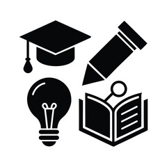 A set of black silhouette icons representing education and learning concepts. Includes a graduation cap, a pencil, a lightbulb for ideas, and a book with a magnifying glass for research and study
