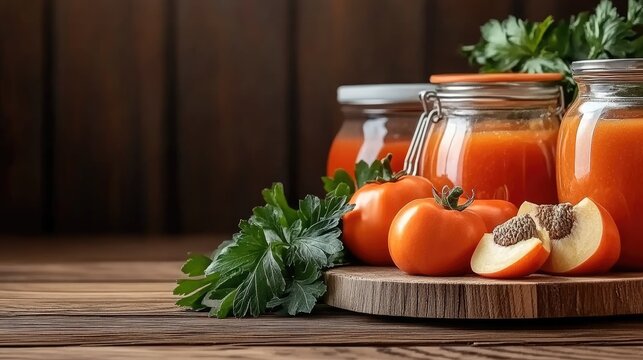 A small plate showcases tomato sauce and fresh tomatoes alongside an open jar of mango jam and a ripe peach, creating a summer ambiance