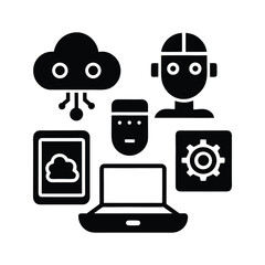 Comprehensive digital ecosystem illustration depicting interconnected technologies like cloud computing, artificial intelligence, software development, data management, and robust IT infrastructure