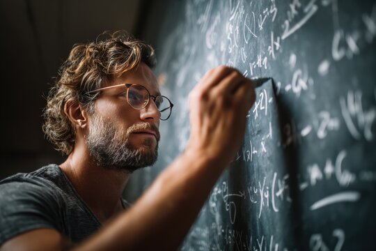Teacher Writing Complex Equations on Chalkboard in Classroom Setting