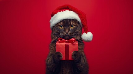 christmas cat in red Santa Claus hat
