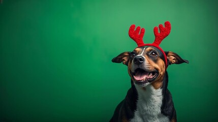 New year and Christmas concept with Dog wearing reindeer antlers headband against solid green background