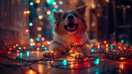 Silly dog wrapped in Christmas lights