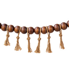 Natural wood beads on a string, boho style home decoration isolated