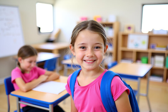 Smiling elementary school girl with backpack in classroom, ready for learning.