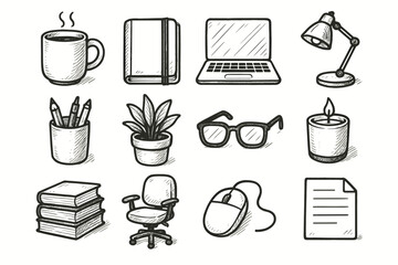 Vector candle holder pencil coffee pot icon chair paper cozy stack workspace