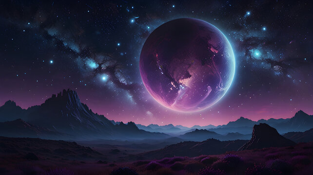 Vibrant purple and blue alien planet illuminating a dark, rocky extraterrestrial landscape under a starry nebula sky