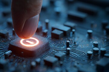 Finger Pressing Red Button: Decision Initiated. finger presses a glowing red "start" or "on" button. This image symbolizes decision-making, process initiation, action commencement