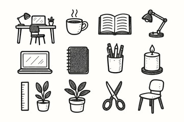 Desk laptop icons holder pen lamp scissors workspace cozy cup icon vector