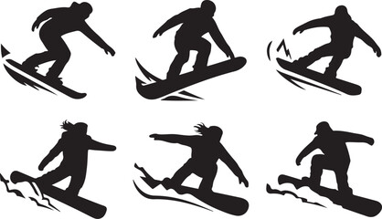 Six silhouettes of snowboarders in action on white background