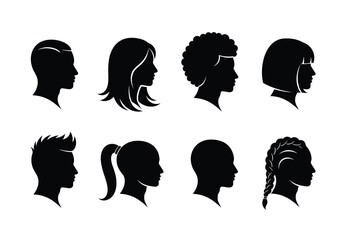 Diverse collection of human head silhouettes showing various hairstyles