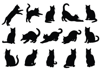 Variety of black cat silhouettes showcasing different poses and actions