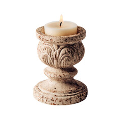 3D render of a lit candle in a stone jar, spa and home decor concept isolated