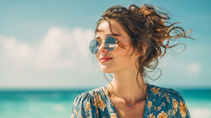 Ai young woman enjoying a sunny beach day with sunglasses and a floral dress by the ocean waves