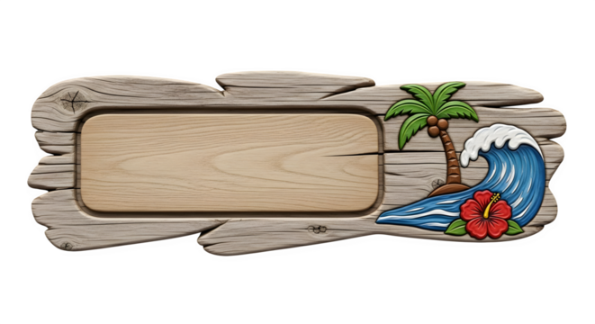 A wooden sign with a tropical beach scene, palm tree, wave, and flower